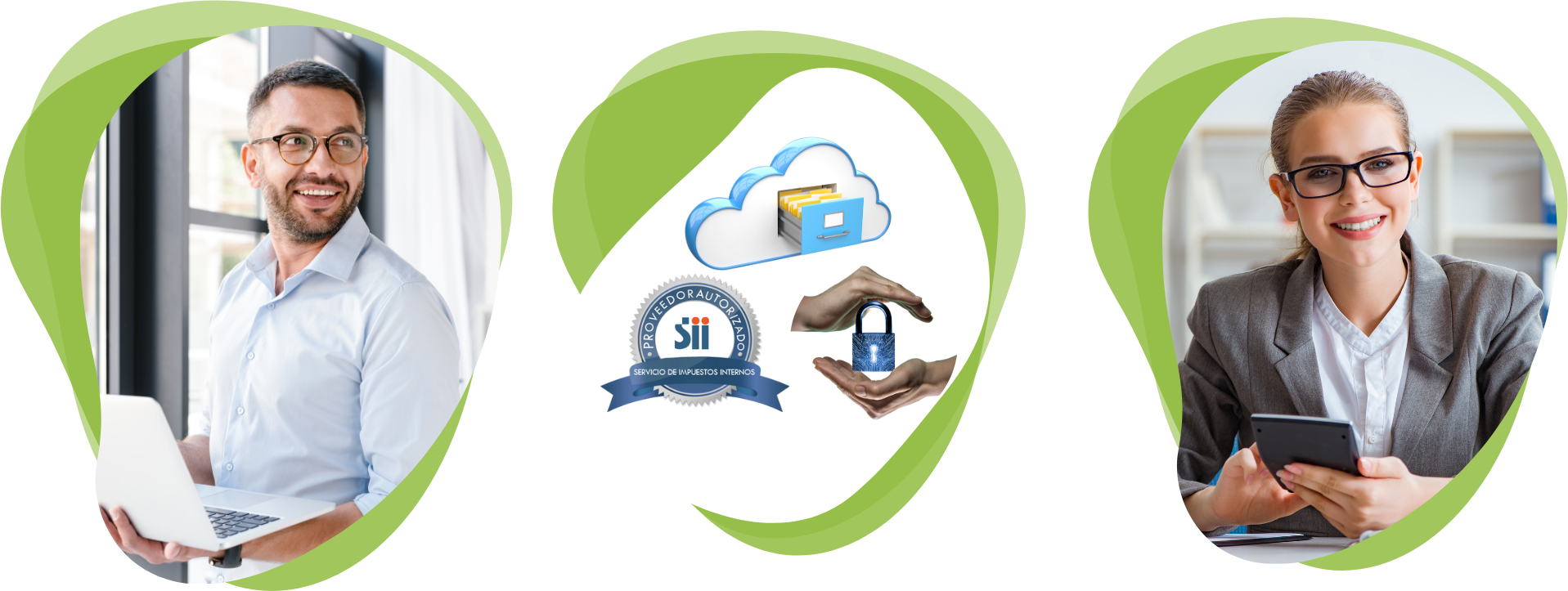 Tres imágenes de contadores, seguridad, datos en la nube y Servicio de impuestos interno