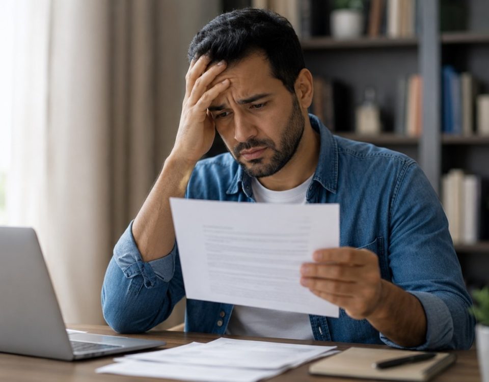 Hombre con expresión preocupada revisando un Rechazo de DTE en papel