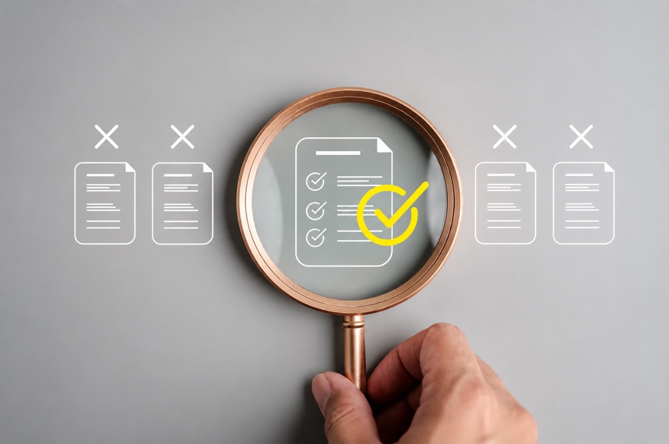 Lupa sobre documentos electrónicos con ícono de validación, representando la revisión de DTE ante el SII