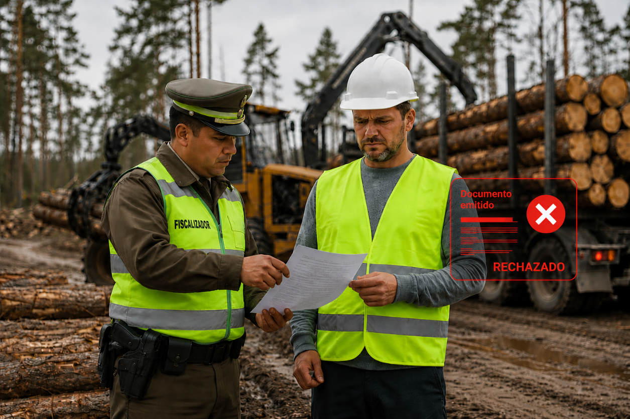 Trabajador y fiscalizador revisan documentación en una faena forestal mientras se muestra una guía de despacho electrónica rechazada.
