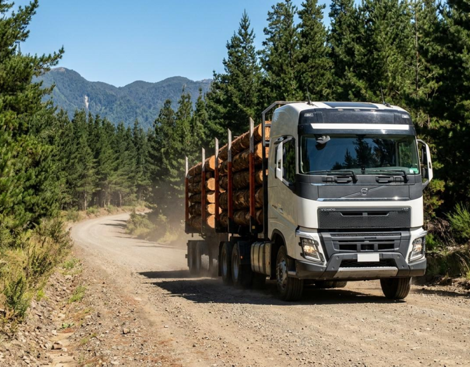 Camión transportando troncos en camino forestal según guía de despacho forestal