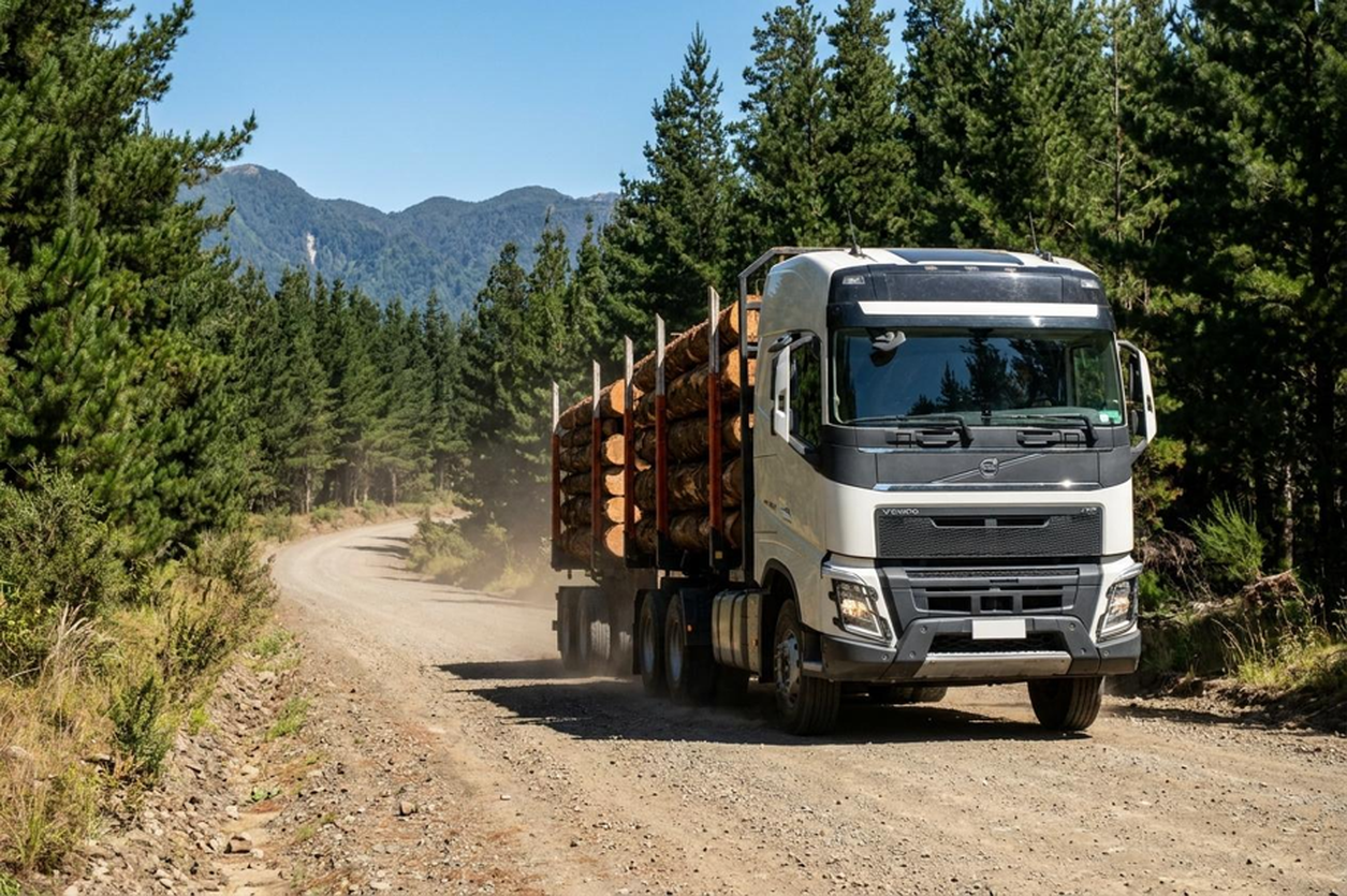 Camión transportando troncos en camino forestal según guía de despacho forestal