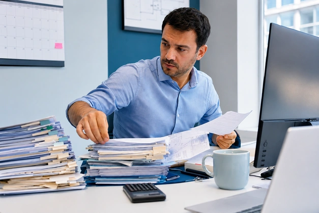 Hombre revisando documentos en una oficina.