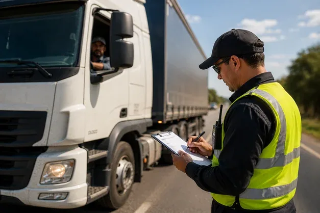 Fiscalizador inspeccionando un camión en ruta con una lista de verificación.