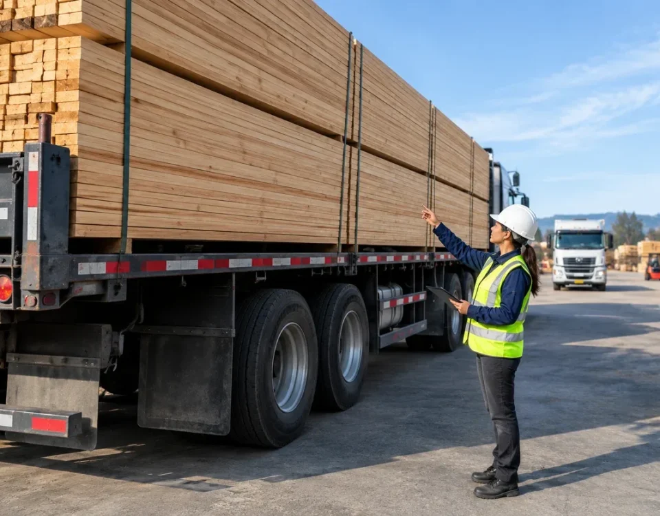 Guía de despacho incompleta durante la revisión de carga de madera en camión.