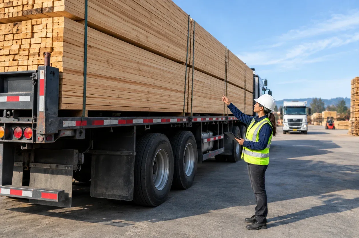Guía de despacho incompleta durante la revisión de carga de madera en camión.
