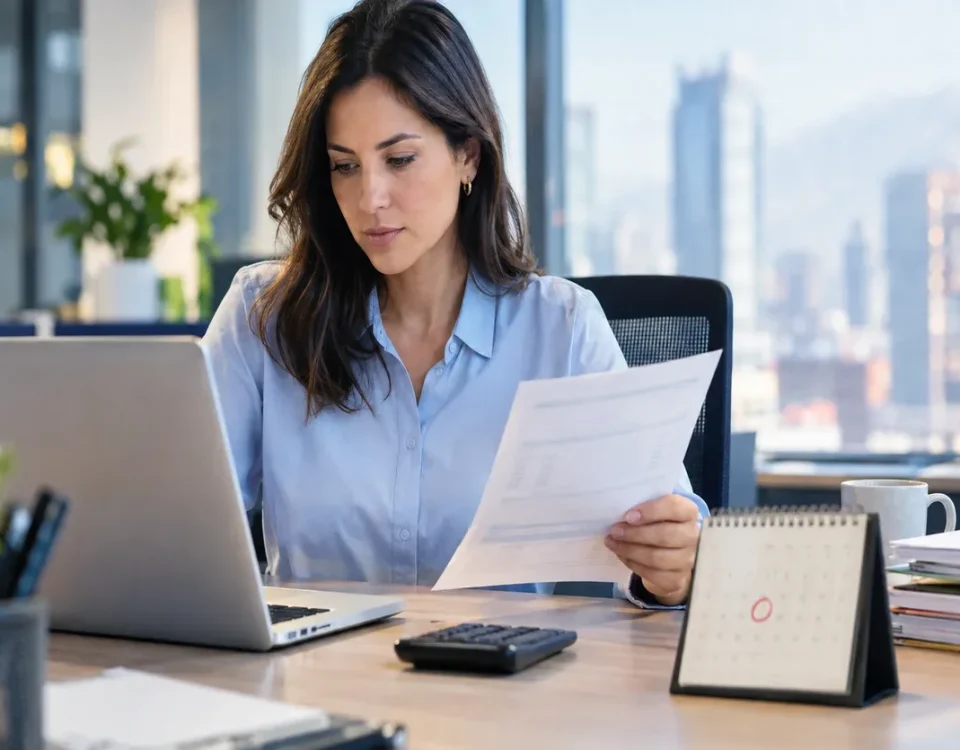 Mujer revisando documentos para reclamar una factura.