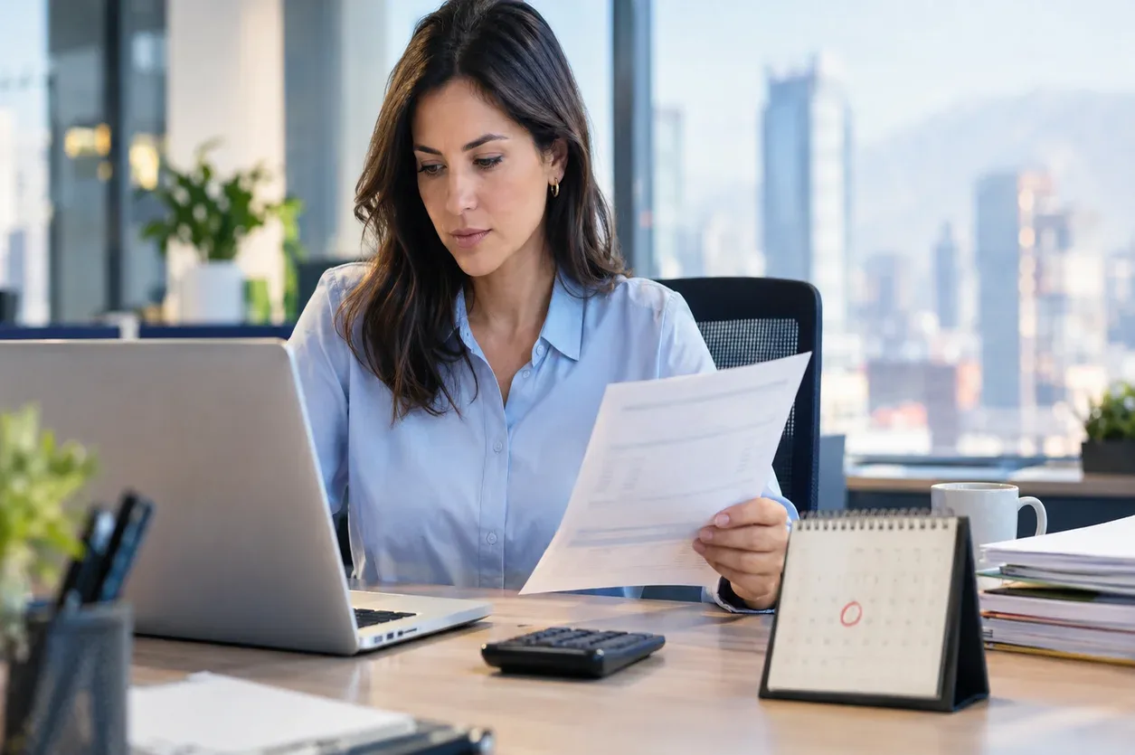 Mujer revisando documentos para reclamar una factura.
